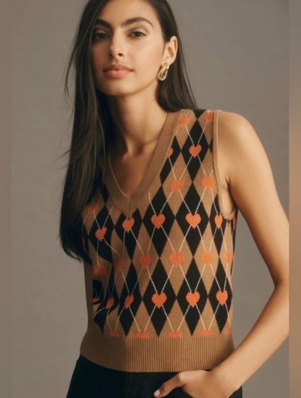 Maeve Heart Argyle V-Neck Sweater Vest - Brown/Black - M